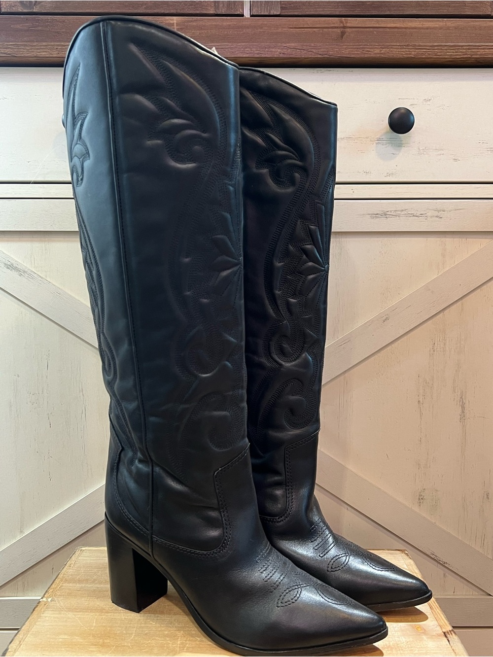 Schutz Maryana Black Leather Block Heel Western Cowboy Boots Tall Knee High 8.5